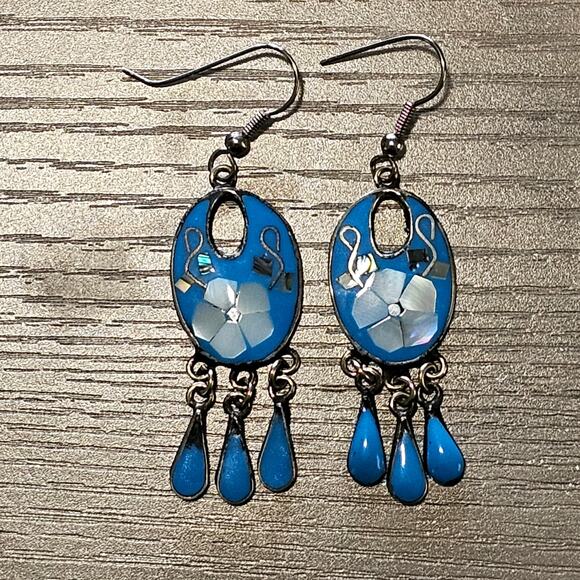 Vintage Alpaca Silver & Blue Enamel Dangle Earrings with Mother of Pearl Flowers